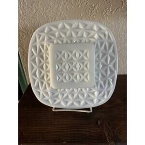 Pressed Glass ~ Square (3) Salad Plate Block Diamond Milk glass